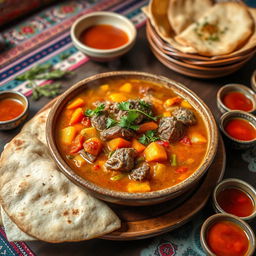 A beautifully arranged plate of Lamb Shurpa, a traditional Central Asian soup made with tender lamb pieces, colorful vegetables like carrots, potatoes, and bell peppers, and fragrant herbs such as coriander and dill