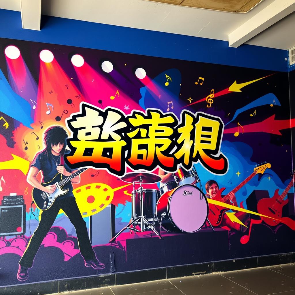 A vibrant and artistic wall mural for a rock band named 'অন্তর্নীল', featuring a dynamic scene of musicians passionately playing guitar and drums against a colorful backdrop