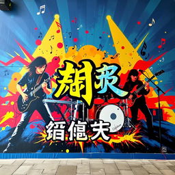 A vibrant and artistic wall mural for a rock band named 'অন্তর্নীল', featuring a dynamic scene of musicians passionately playing guitar and drums against a colorful backdrop