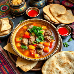 A beautifully arranged plate of Lamb Shurpa, a traditional Central Asian soup made with tender lamb pieces, colorful vegetables like carrots, potatoes, and bell peppers, and fragrant herbs such as coriander and dill