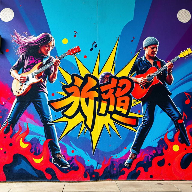 A vibrant and artistic wall mural for a rock band named 'অন্তর্নীল', featuring a dynamic scene of musicians passionately playing guitar and drums against a colorful backdrop