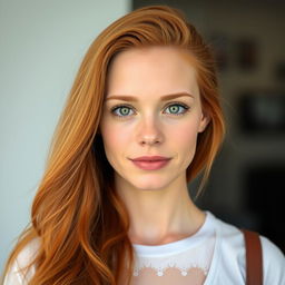 A portrait of a 33-year-old woman with long, flowing red hair, styled elegantly, and a fair, white tiered skin tone that gives her a striking appearance