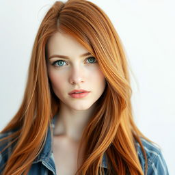A portrait of a 33-year-old woman with long, flowing red hair, styled elegantly, and a fair, white tiered skin tone that gives her a striking appearance