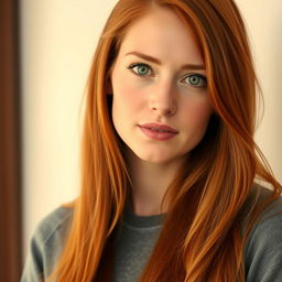 A portrait of a 33-year-old woman with long, flowing red hair, styled elegantly, and a fair, white tiered skin tone that gives her a striking appearance