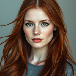A portrait of a 33-year-old woman with long, flowing red hair, styled elegantly, and a fair, white tiered skin tone that gives her a striking appearance