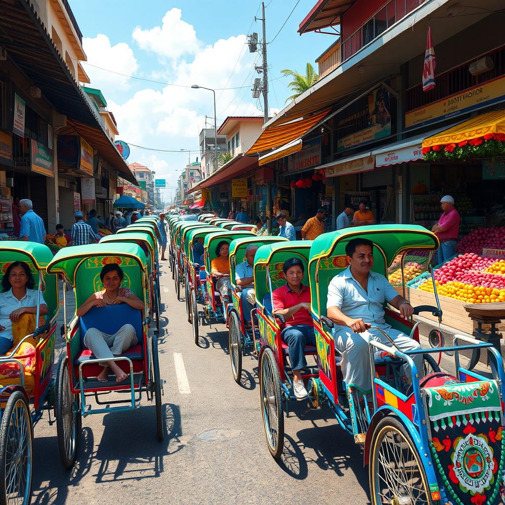 A vibrant street scene depicting a thousand hand-drawn rickshaws lined up in a colorful market setting