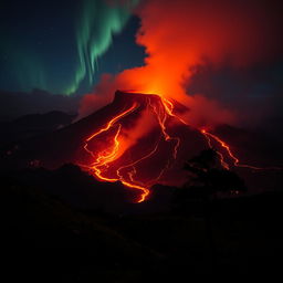 A stunning view of an erupting volcano with molten lava flowing down its sides, surrounded by a dark, smoky atmosphere and glowing embers lighting up the night sky