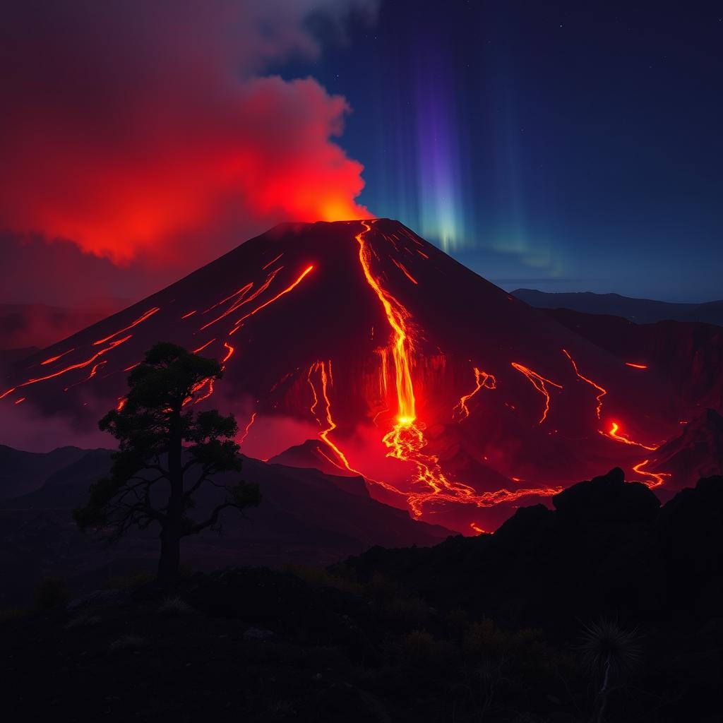 A stunning view of an erupting volcano with molten lava flowing down its sides, surrounded by a dark, smoky atmosphere and glowing embers lighting up the night sky