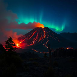 A stunning view of an erupting volcano with molten lava flowing down its sides, surrounded by a dark, smoky atmosphere and glowing embers lighting up the night sky