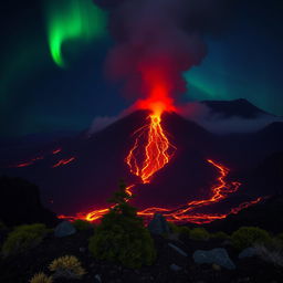A stunning view of an erupting volcano with molten lava flowing down its sides, surrounded by a dark, smoky atmosphere and glowing embers lighting up the night sky