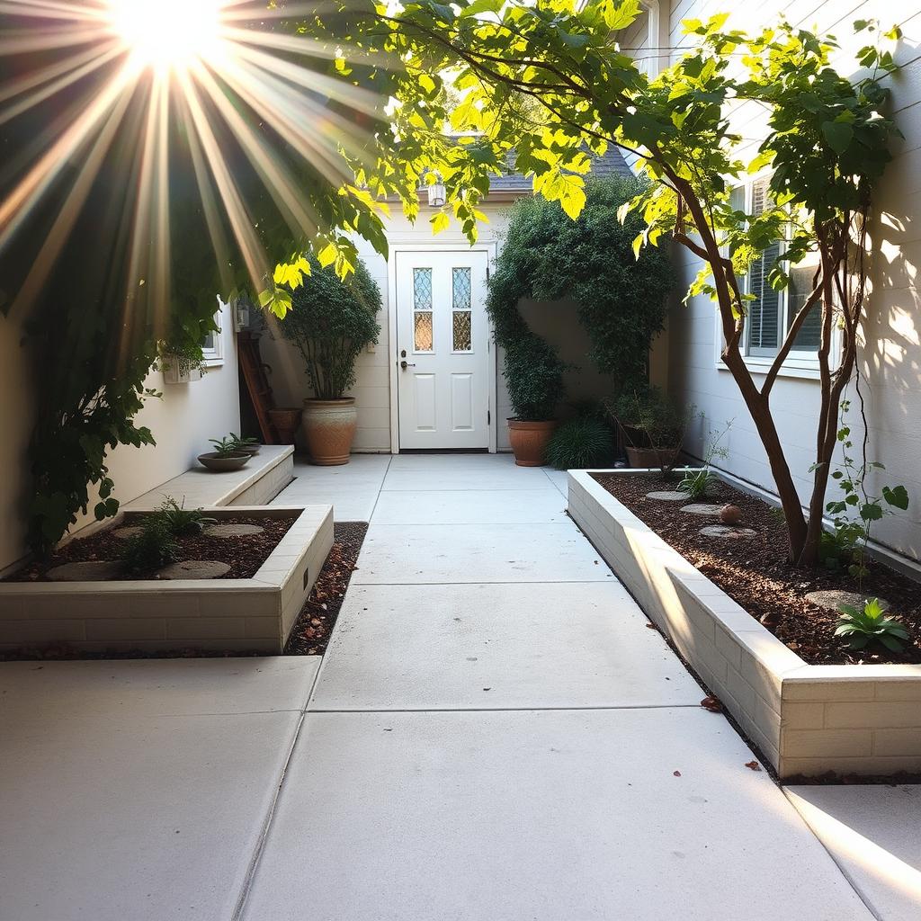 A nostalgic childhood home scene, featuring a long rectangular garden bed on the right, adorned with a grapevine tree