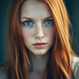 A 33-year-old woman with long flowing red hair, fair white skin, and striking blue eyes