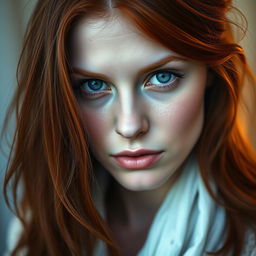 A 33-year-old woman with long flowing red hair, fair white skin, and striking blue eyes