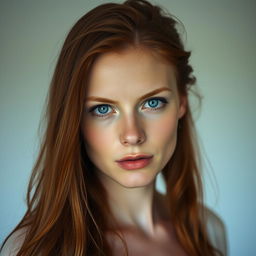 A 33-year-old woman with long flowing red hair, fair white skin, and striking blue eyes