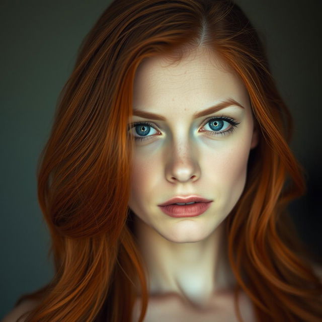 A 33-year-old woman with long flowing red hair, fair white skin, and striking blue eyes