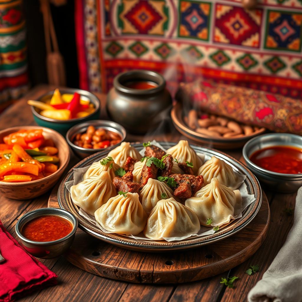 A vibrant scene depicting a traditional Chechen hingal dish, beautifully arranged on a rustic wooden table