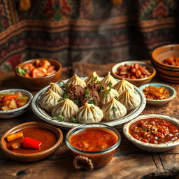 A vibrant scene depicting a traditional Chechen hingal dish, beautifully arranged on a rustic wooden table