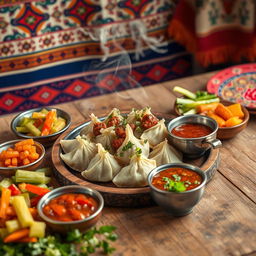 A vibrant scene depicting a traditional Chechen hingal dish, beautifully arranged on a rustic wooden table