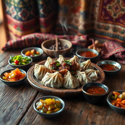 A vibrant scene depicting a traditional Chechen hingal dish, beautifully arranged on a rustic wooden table