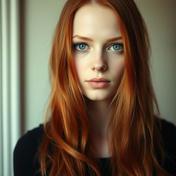 A 33-year-old woman with long, luxurious red hair cascading down her shoulders, fair white skin that suggests a porcelain-like finish, and vivid blue eyes that draw attention