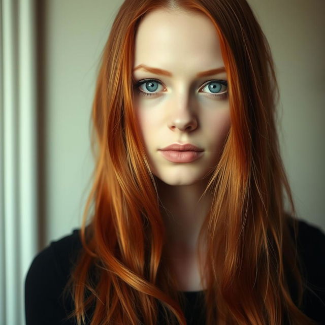 A 33-year-old woman with long, luxurious red hair cascading down her shoulders, fair white skin that suggests a porcelain-like finish, and vivid blue eyes that draw attention