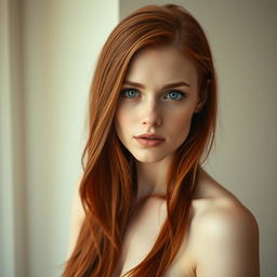 A 33-year-old woman with long, luxurious red hair cascading down her shoulders, fair white skin that suggests a porcelain-like finish, and vivid blue eyes that draw attention