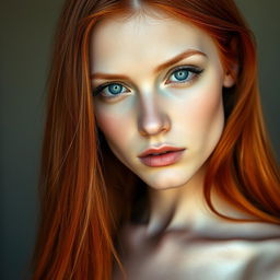 A 33-year-old woman with long, luxurious red hair cascading down her shoulders, fair white skin that suggests a porcelain-like finish, and vivid blue eyes that draw attention
