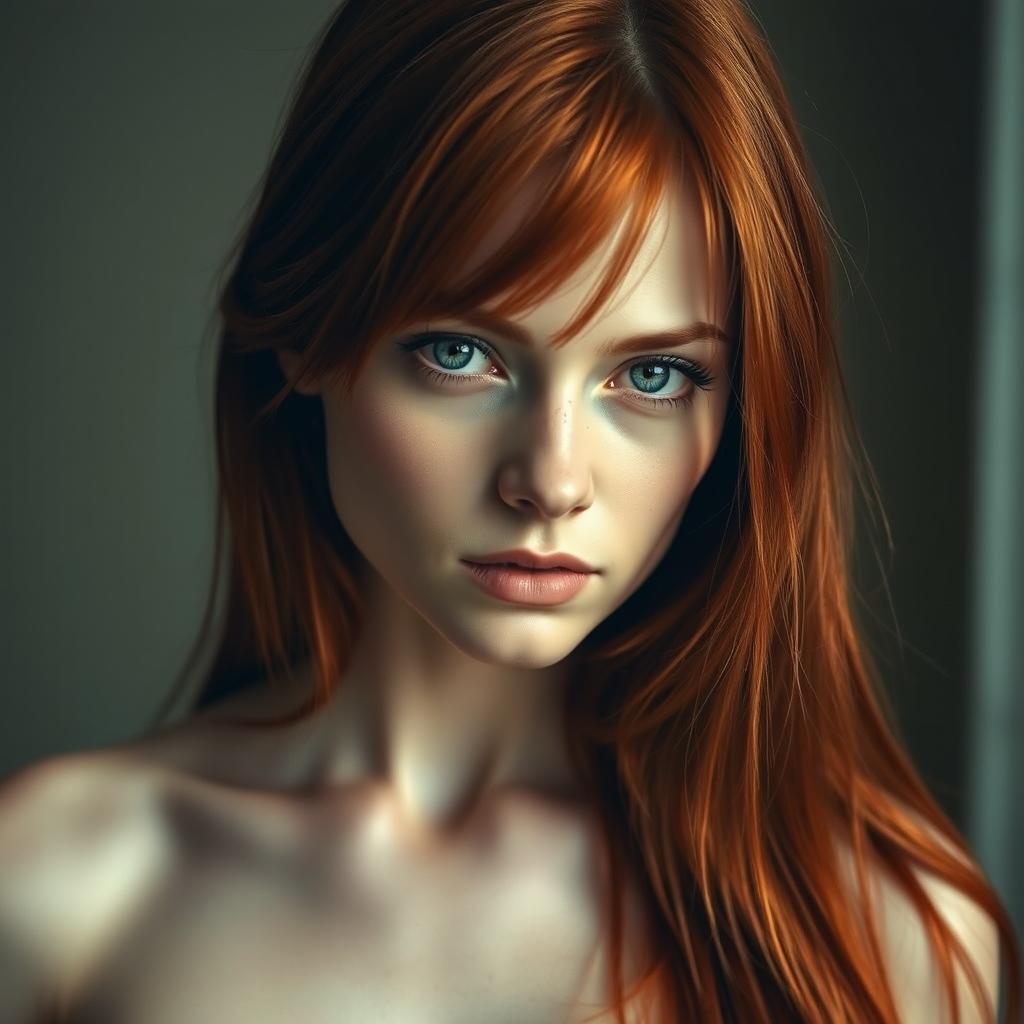 A 33-year-old woman with long, luxurious red hair cascading down her shoulders, fair white skin that suggests a porcelain-like finish, and vivid blue eyes that draw attention