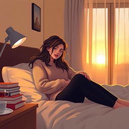 A tired female teacher lounging on her bed after coming home from school