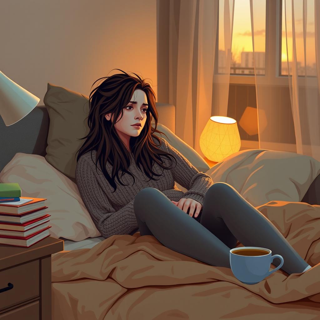 A tired female teacher lounging on her bed after coming home from school