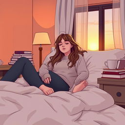 A tired female teacher lounging on her bed after coming home from school