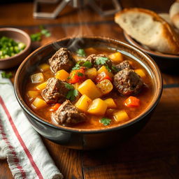 A delicious bowl of Lamb Shurpa, a traditional Central Asian soup featuring tender, juicy lamb pieces simmered with fragrant herbs and spices