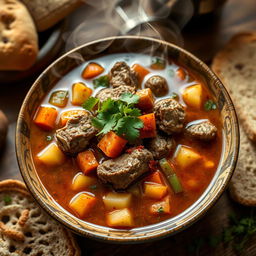 A delicious bowl of Lamb Shurpa, a traditional Central Asian soup featuring tender, juicy lamb pieces simmered with fragrant herbs and spices