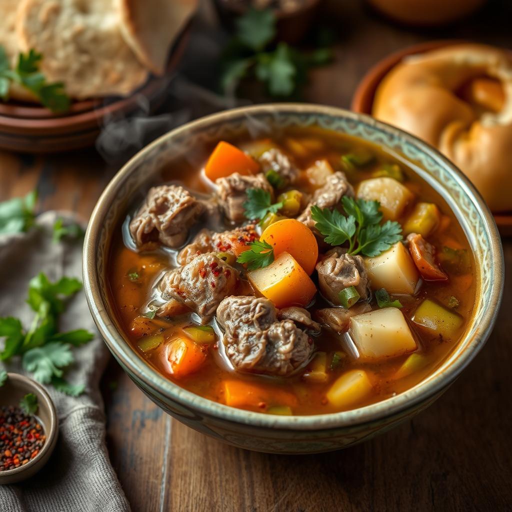 A delicious bowl of Lamb Shurpa, a traditional Central Asian soup featuring tender, juicy lamb pieces simmered with fragrant herbs and spices