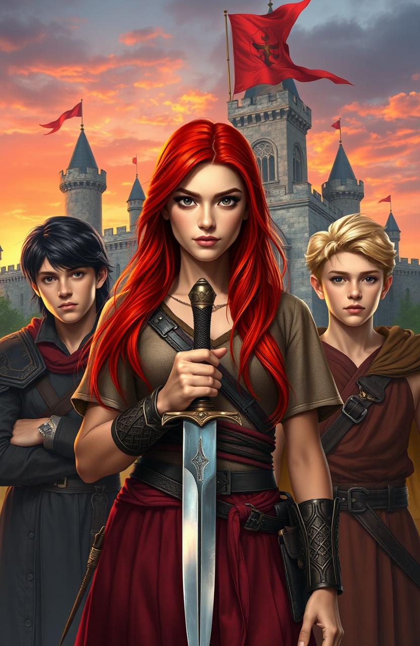 A beautiful young woman with striking red hair stands prominently in the foreground, holding a gleaming knife in her hand, exuding confidence and strength