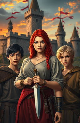 A beautiful young woman with striking red hair stands prominently in the foreground, holding a gleaming knife in her hand, exuding confidence and strength