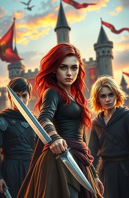 A beautiful young woman with striking red hair stands prominently in the foreground, holding a gleaming knife in her hand, exuding confidence and strength