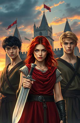 A beautiful young woman with striking red hair stands prominently in the foreground, holding a gleaming knife in her hand, exuding confidence and strength