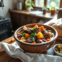 A beautifully presented bowl of Lamb Shurpa, a traditional Central Asian soup, featuring tender lamb chunks, vibrant vegetables like carrots, potatoes, and onions