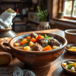 A beautifully presented bowl of Lamb Shurpa, a traditional Central Asian soup, featuring tender lamb chunks, vibrant vegetables like carrots, potatoes, and onions