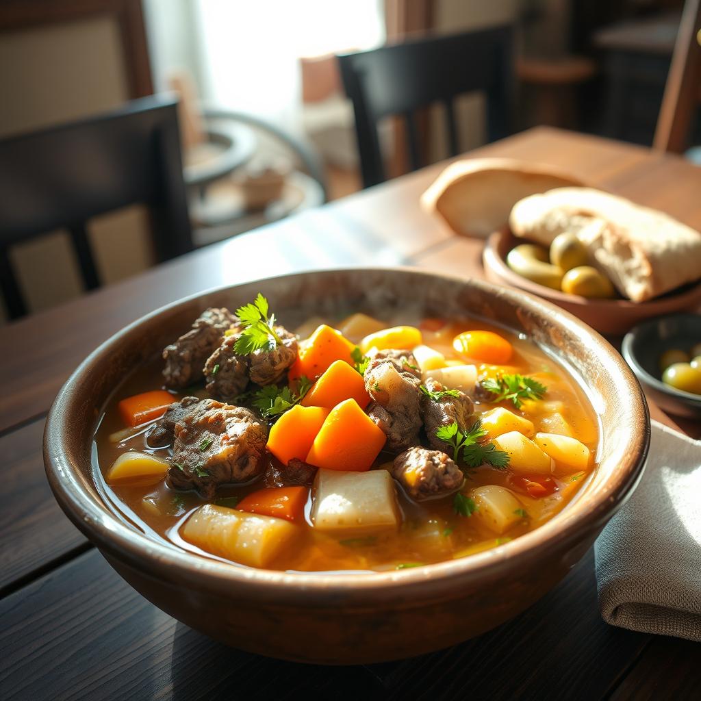 A beautifully presented bowl of Lamb Shurpa, a traditional Central Asian soup, featuring tender lamb chunks, vibrant vegetables like carrots, potatoes, and onions