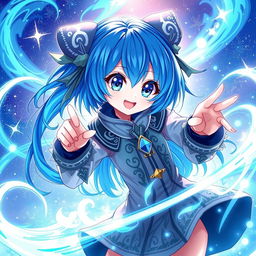 A captivating digital artwork showcasing a blue-haired anime girl, character features include large expressive eyes, a playful smile, and stylish clothing with intricate patterns