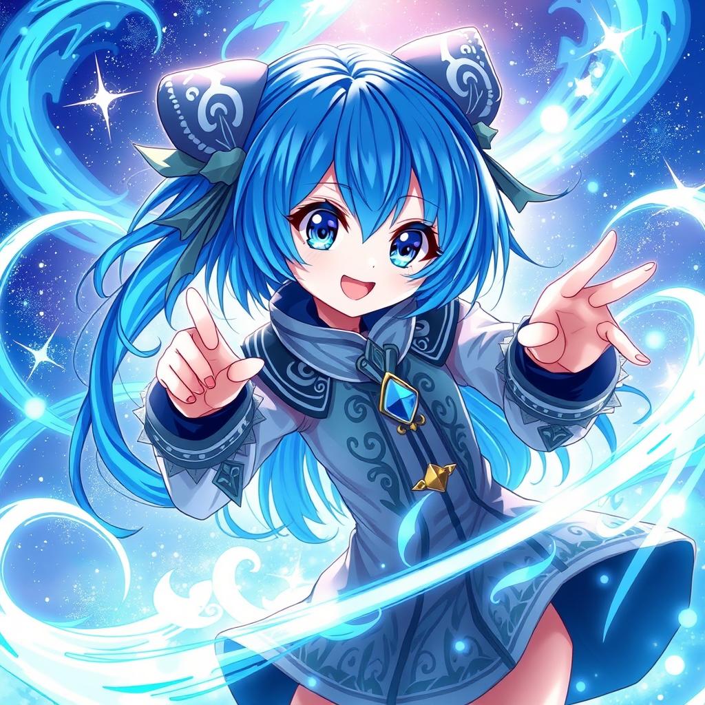 A captivating digital artwork showcasing a blue-haired anime girl, character features include large expressive eyes, a playful smile, and stylish clothing with intricate patterns