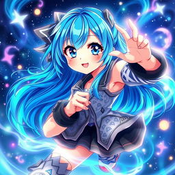 A captivating digital artwork showcasing a blue-haired anime girl, character features include large expressive eyes, a playful smile, and stylish clothing with intricate patterns