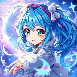 A captivating digital artwork showcasing a blue-haired anime girl, character features include large expressive eyes, a playful smile, and stylish clothing with intricate patterns