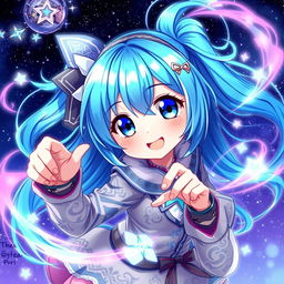 A captivating digital artwork showcasing a blue-haired anime girl, character features include large expressive eyes, a playful smile, and stylish clothing with intricate patterns