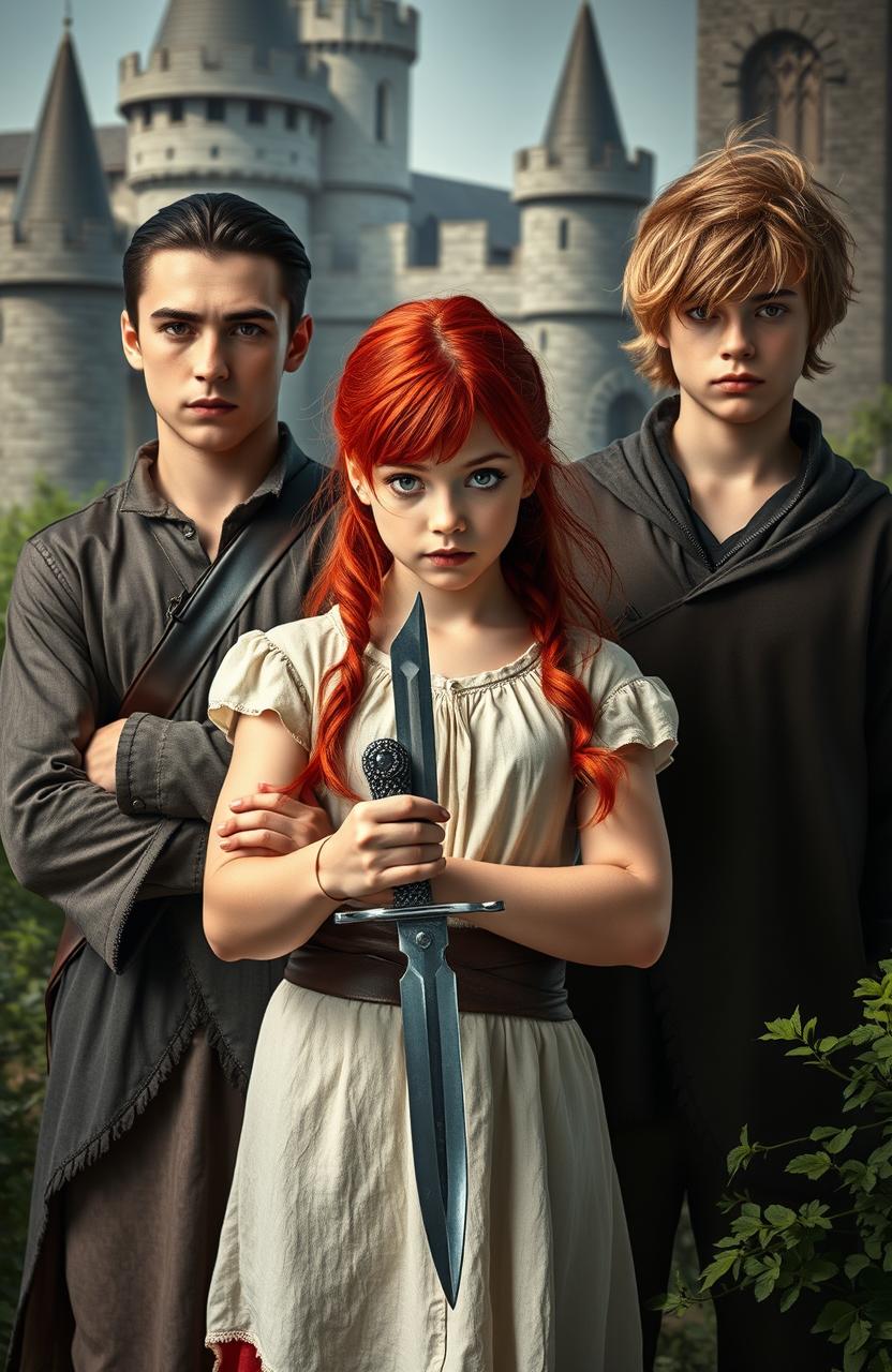 A 17-year-old girl with striking red hair stands confidently at the front, holding a knife with a fierce yet pretty expression