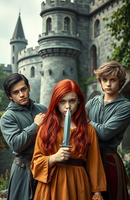 A 17-year-old girl with striking red hair stands confidently at the front, holding a knife with a fierce yet pretty expression