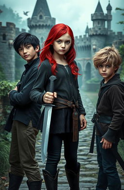 A 17-year-old girl with striking red hair stands confidently at the front, holding a knife with a fierce yet pretty expression