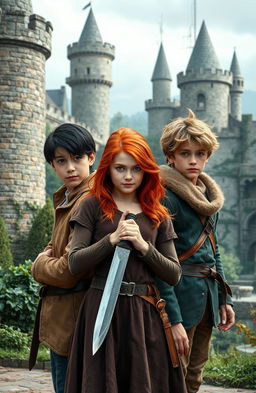 A 17-year-old girl with striking red hair stands confidently at the front, holding a knife with a fierce yet pretty expression